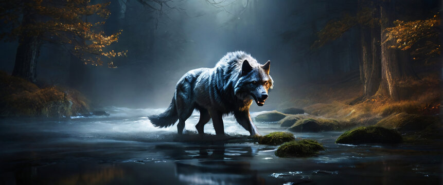 a bewitching werewolf with an enchanting sheen becomes the focal point of a haunting long exposure photograph. The subject of this captivating image is a werewolf, portrayed as lustrous and radiant