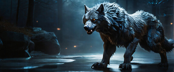 a bewitching werewolf with an enchanting sheen becomes the focal point of a haunting long exposure photograph. The subject of this captivating image is a werewolf, portrayed as lustrous and radiant - obrazy, fototapety, plakaty