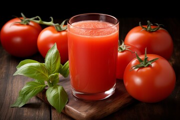 Savor the taste. refreshing tomato juice and fresh tomatoes on a wooden table