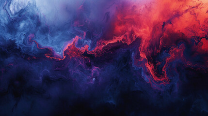A chaotic explosion of fiery red and deep indigo hues blending seamlessly on a marble surface, evoking a sense of controlled chaos.  - obrazy, fototapety, plakaty