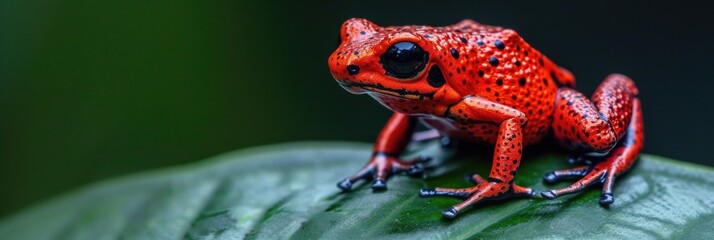 Glossy Red Poison-Dart Frog on Leaf Edge: Close-Up with Shadowy Green Backdrop