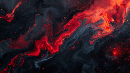 A chaotic explosion of fiery red and deep indigo hues blending seamlessly on a marble surface, evoking a sense of controlled chaos.  - obrazy, fototapety, plakaty