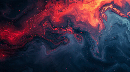 A chaotic explosion of fiery red and deep indigo hues blending seamlessly on a marble surface, evoking a sense of controlled chaos. 