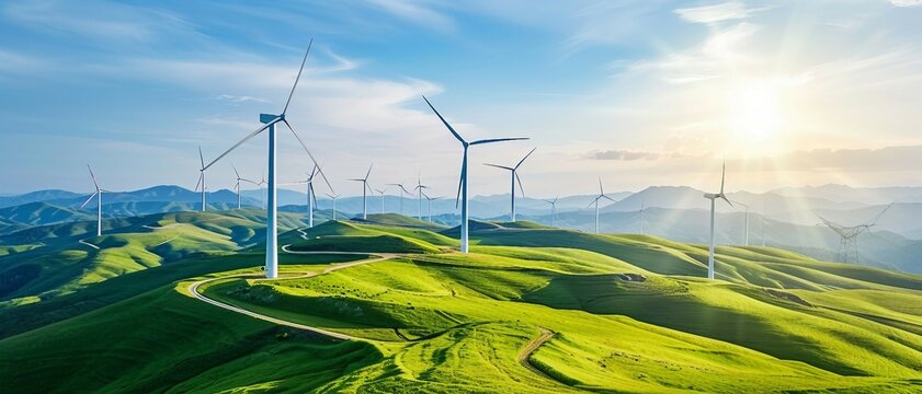 a background showcasing the efficiency of wind farms, with sleek wind turbines aligned in a clean and symmetrical pattern, set against a backdrop of rolling hills