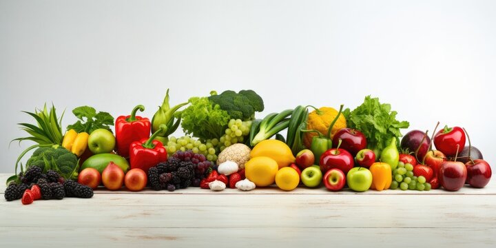 Fruits and vegetables displayed on a white table, perfect for food photography and shopping at the supermarket.