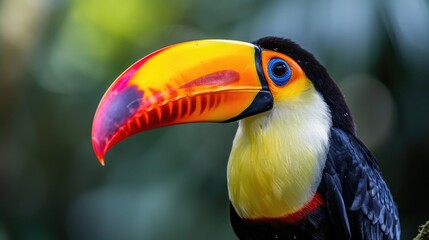 Fototapeta premium Toucan Close-Up with Multicolored Beak Open in Tropical Setting