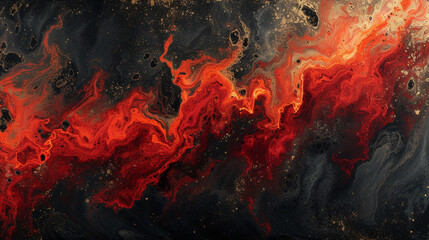 A dramatic and intense abstract painting on a marble slab with deep red and black colors, resembling a volcanic eruption.  - obrazy, fototapety, plakaty