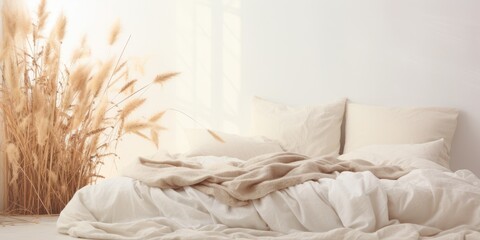 Cozy bed, crisp reeds, and drawers by white wall.