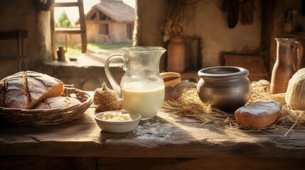 A table with milk in a pitcher, butter in a bowl, and bread in a basket.
