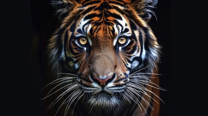 Intense Gaze of a Bengal Tiger: Face Illuminated Against Black Background