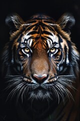 Fototapeta premium Bengal Tiger Face Emerging from Darkness with Piercing Golden Eyes