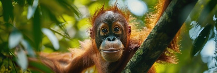 Obraz premium Mid-Air Orangutan with Outstretched Arms Among Green Leaves