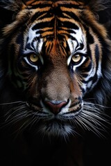 Bengal Tiger Face Emerging from Darkness with Piercing Golden Eyes