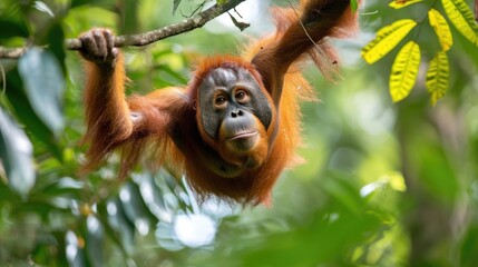Naklejka premium Reddish-Brown Orangutan in Playful Leap, Canopy Background