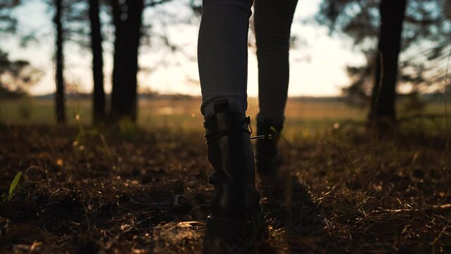 Autumn forest nature in park. Woman girl travels. Active trekking freedom of travel. Hiking in the forest. Summer long walk. Legs distance walking. Sports walk in open air. legs close-up in the forest