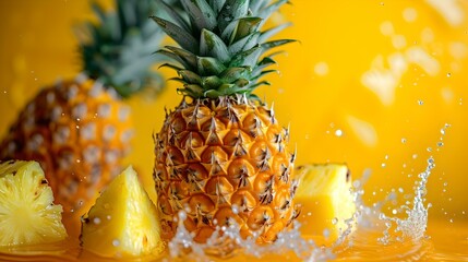 Fresh pineapples with water splashes on a vibrant background. vivid colors, summer fruit concept, dynamic image. AI