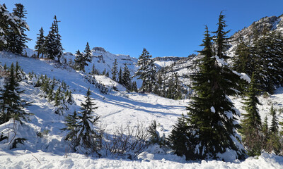 Winter scenery with fresh snow on mountain slopes
