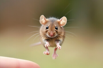 flying mouse. portrait of a cute mouse. Grey mouse. Mouse in the jump. Funny mouse, flying. cute little mouse try move to hand, hamster feeling wonder and excite, mouse on nature background, pet in ho
