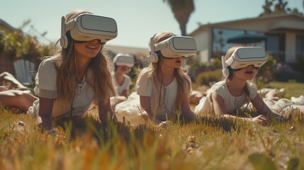 Dystopian future: A happy family wearing VR-headsets while playing in the yard