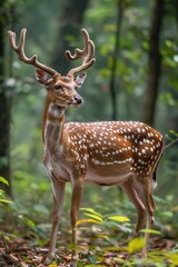 Naklejka na ściany i meble Rich Brown Spotted Deer Standing in Green Forest Clearing, Kerala