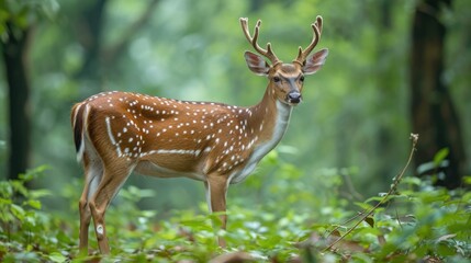 Naklejka na ściany i meble Majestic Deer with Branching Antlers in Lush Kerala Clearing
