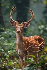 Naklejka na ściany i meble Rich Brown Spotted Deer Standing in Green Forest Clearing, Kerala