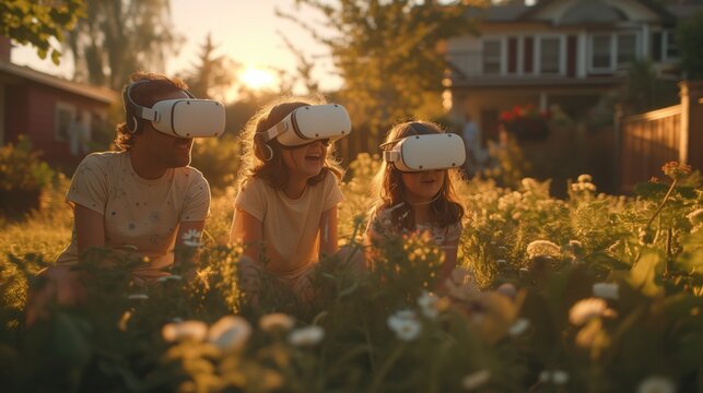 Dystopian future: A happy family wearing VR-headsets while playing in the yard