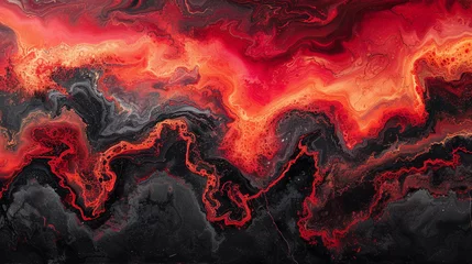 Foto auf Alu-Dibond A dramatic and intense abstract painting on a marble slab with deep red and black colors, resembling a volcanic eruption.  © Adnan Bukhari