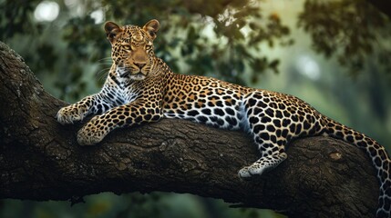 Obraz premium A Powerful Leopard Crouches on a Twisted Branch, Its Spotted Coat Vibrant Against the Sun-Dappled Greenery of Africa's Dense Jungle.