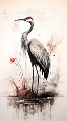 A crane stands in a pond. He has red feathers on his head, and red flowers grow in the water next to him. The background is a mixture of red, white and black.