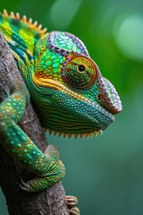 Fototapeta premium Chameleon's Camouflage: Up-Close on a Branch with Green, Yellow, and Brown Scales
