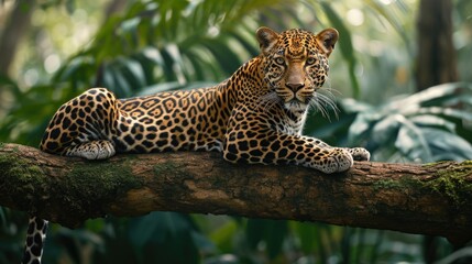 A Powerful Leopard Crouches on a Twisted Branch, Its Spotted Coat Vibrant Against the Sun-Dappled Greenery of Africa's Dense Jungle.
