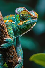 Vibrant Chameleon Perched on Tree: Independent Swiveling Eyes and Curled Tail
