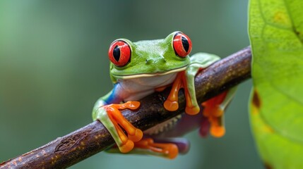 Naklejka premium Vivid Encounter: Red-Eyed Tree Frog with Orange Feet Grasping a Branch, Contrasting Muted Green Leaves, Highlighting Its Alert Red Eyes in the Rainforest's Embrace.