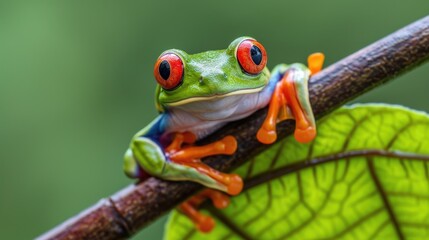 Red-Eyed Tree Frog's Colorful Perch: Bright Orange Feet Wrapped Around a Branch, Its Vivid Body Against Muted Greens, Eyes Gleaming with Curiosity Amidst the Rainforest.