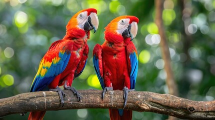 Scarlet Macaws in Close Encounter: Vibrant Red Plumage and Intimate Posture on Thick Branch, With a Soft-Focus Brazilian Jungle Backdrop.