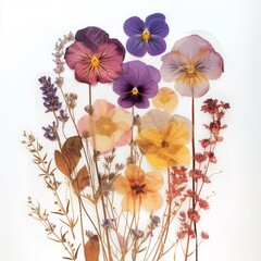 dried pressed flowers on white background