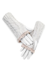 Subject shot of  white mittens with lace. The pair of fingerless gloves is isolated on the white background.