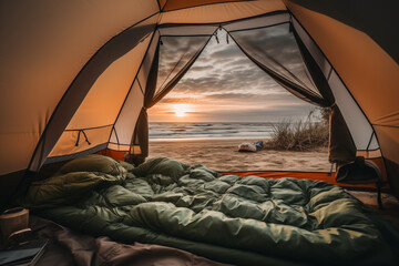 Ocean and beach from the view of camping in a tent