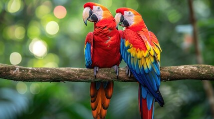 Face-to-Face Scarlet Macaws: Brilliant Hues of Red, Blue, and Yellow Against the Serene Greens of a Secluded Brazilian Wilderness.