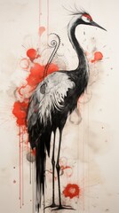 Black and white image of a crane against a background of watercolor red spots.