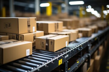 Efficient Logistics: A Conveyor Belt in a Warehouse Moves Boxes in a Seamless Flow, Illustrating Precision and Organization in Operations