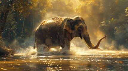 Tranquil Moment Captured: Asian Elephant Amidst Gentle Mist in a River, Dynamic Water Spray Arc Against a Lush, Ethereal Forest Backdrop. - obrazy, fototapety, plakaty