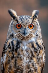 Fototapeta premium Majestic Owl in Natural Habitat: A Vivid Display of Mottled Brown and White Feathers and Intense Orange Eyes, Blending with a Soft-Focus Background.