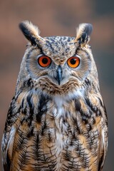 Majestic Owl in Natural Habitat: A Vivid Display of Mottled Brown and White Feathers and Intense Orange Eyes, Blending with a Soft-Focus Background.