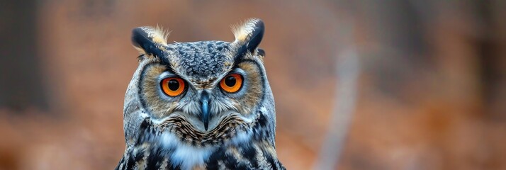 Majestic Owl in Natural Habitat: A Vivid Display of Mottled Brown and White Feathers and Intense Orange Eyes, Blending with a Soft-Focus Background.