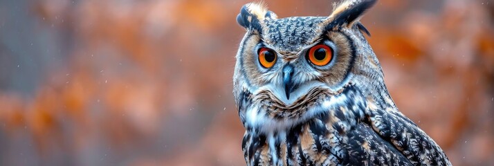 Intense Gaze of the Owl: Mottled Brown and White Feathers with Piercing Orange Eyes, Set Against a Soft-Focus Camouflaged Backdrop.