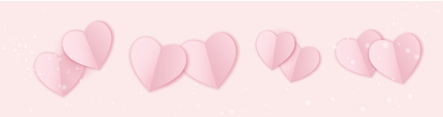 Flying paper hearts decoration isolated on soft pink background. Love symbol. Greeting card for Woman, Mother, Valentines Day. Vector illustration.