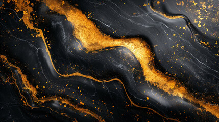 A dynamic interplay of midnight black and radiant gold, unfolding in an abstract dance on a polished marble background.  - obrazy, fototapety, plakaty