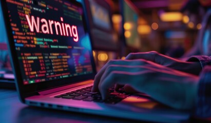 Cybersecurity warning alert on laptop screen with typing hands.